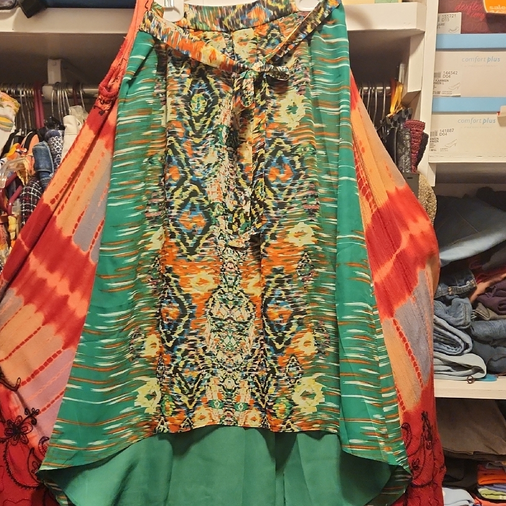 ECI Green Maxi A-Line Skirt Asymmetrical Resort Wear